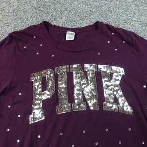 PINK Victorias Secret Shirt Womens L Purple Sequin Logo Polka Dot Tee 00s Y2K